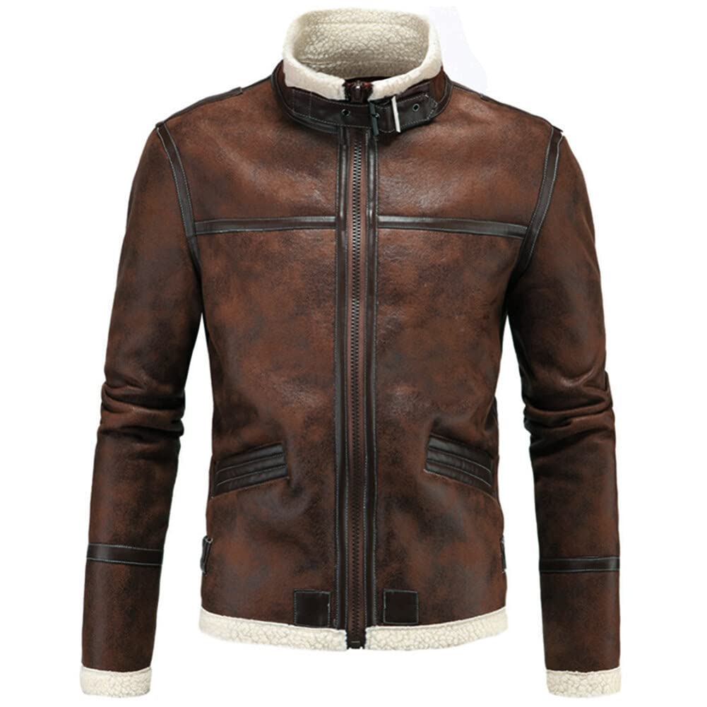 AOWOFS Men's Leather Jackets Aviator Bomber Jacket Men Brown Motorcycle Shearling Suede Coat