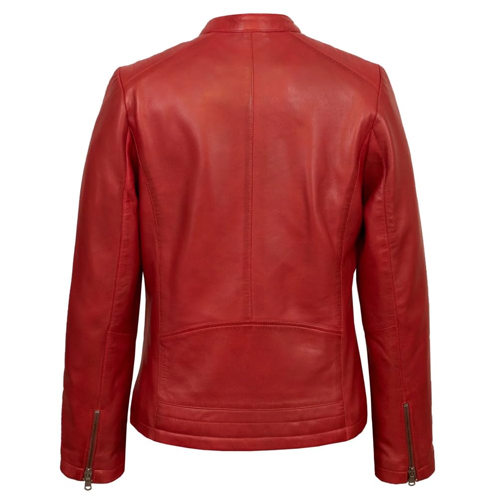 Café Racer Leather Jacket Women - Zip Up Moto Biker Style Casual Fashion Real Lambskin Women's Leather Jacket (US, Alpha, X-Small, Regular, Regular, Red)