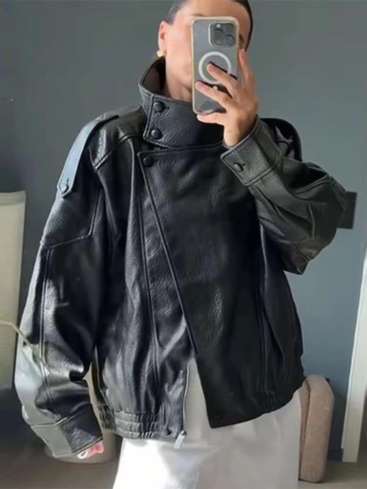 THLAI Black Jacket for Women Faux Leather Coat with Lychee Texture Stand-Up Collar & Long Sleeves Casual Outerwear