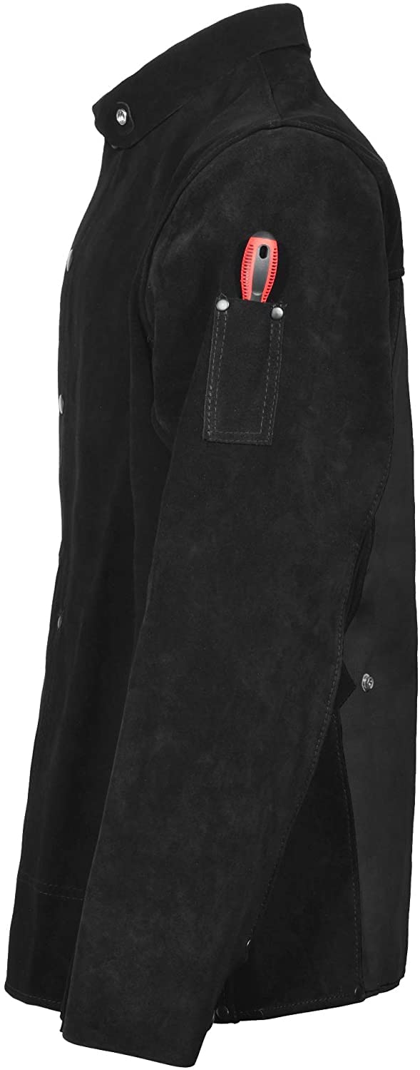 Black Leather Welding Jacket, Heavy Duty FR Heavy Duty Split Cowhide Leahter (Medium, m)