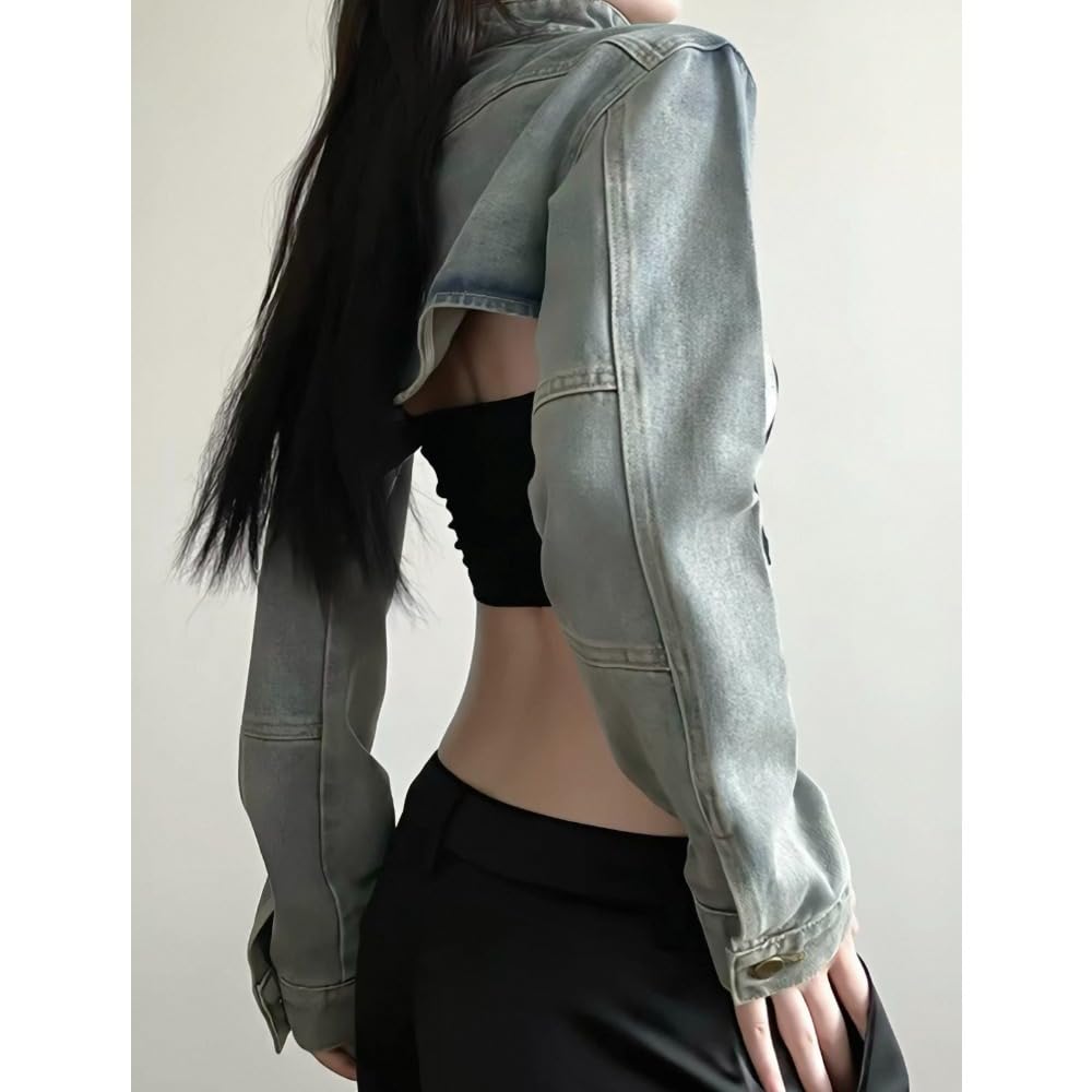 Xojbzoo Women's Y2K Belted Black Motorcycle Jacket Pleated Long Sleeve Super Short Coat Trendy Summer Fashion (US, Alpha, Small, Regular, Regular, Blue)