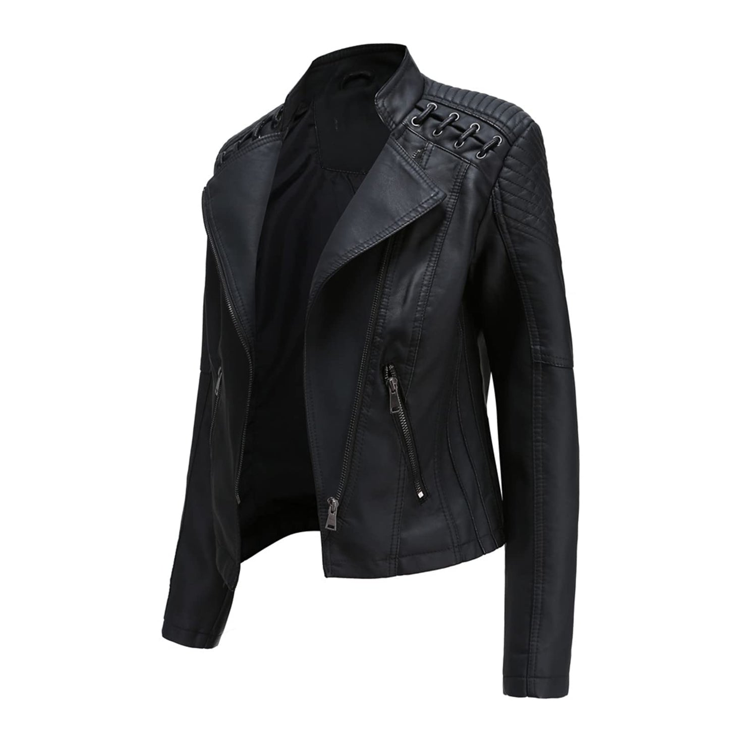 MODFUL Women's Faux Leather Moto Jacket Casual Short Solid Color PU Biker Coat with Pockets(Black,Medium)