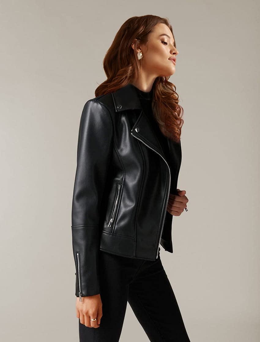 Athlemo Womens Faux Leather Motorcycle Jackets Classical Black PU Slim Short Biker Coats