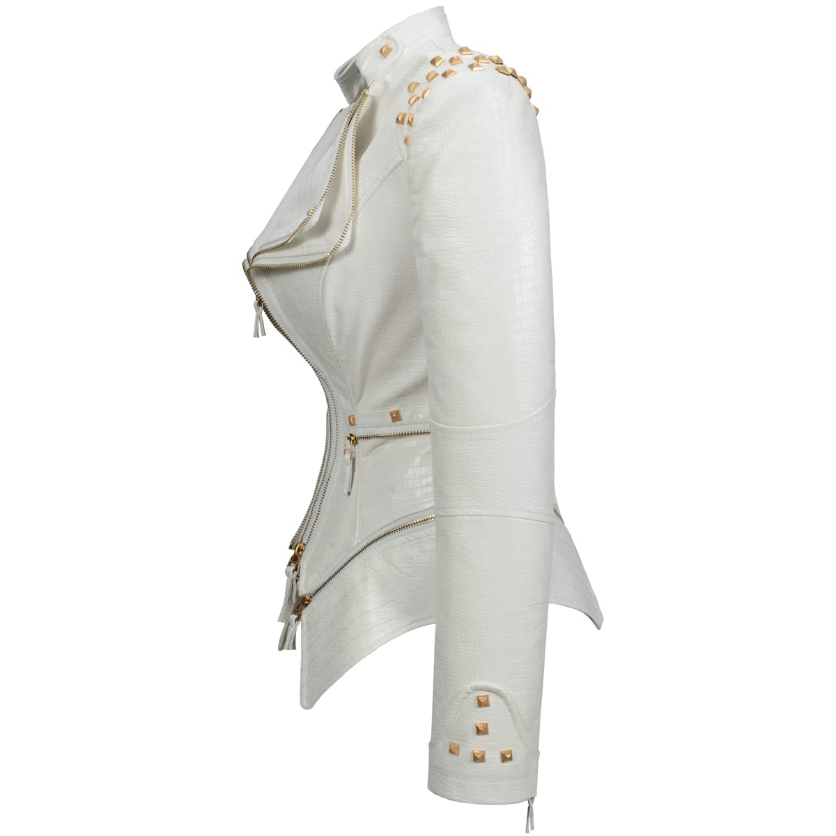 Fashion SX Women's Punk Studded Faux-alligator Print Pattern PU Leather Jackets Zipper Moto Biker Coat (White, S)