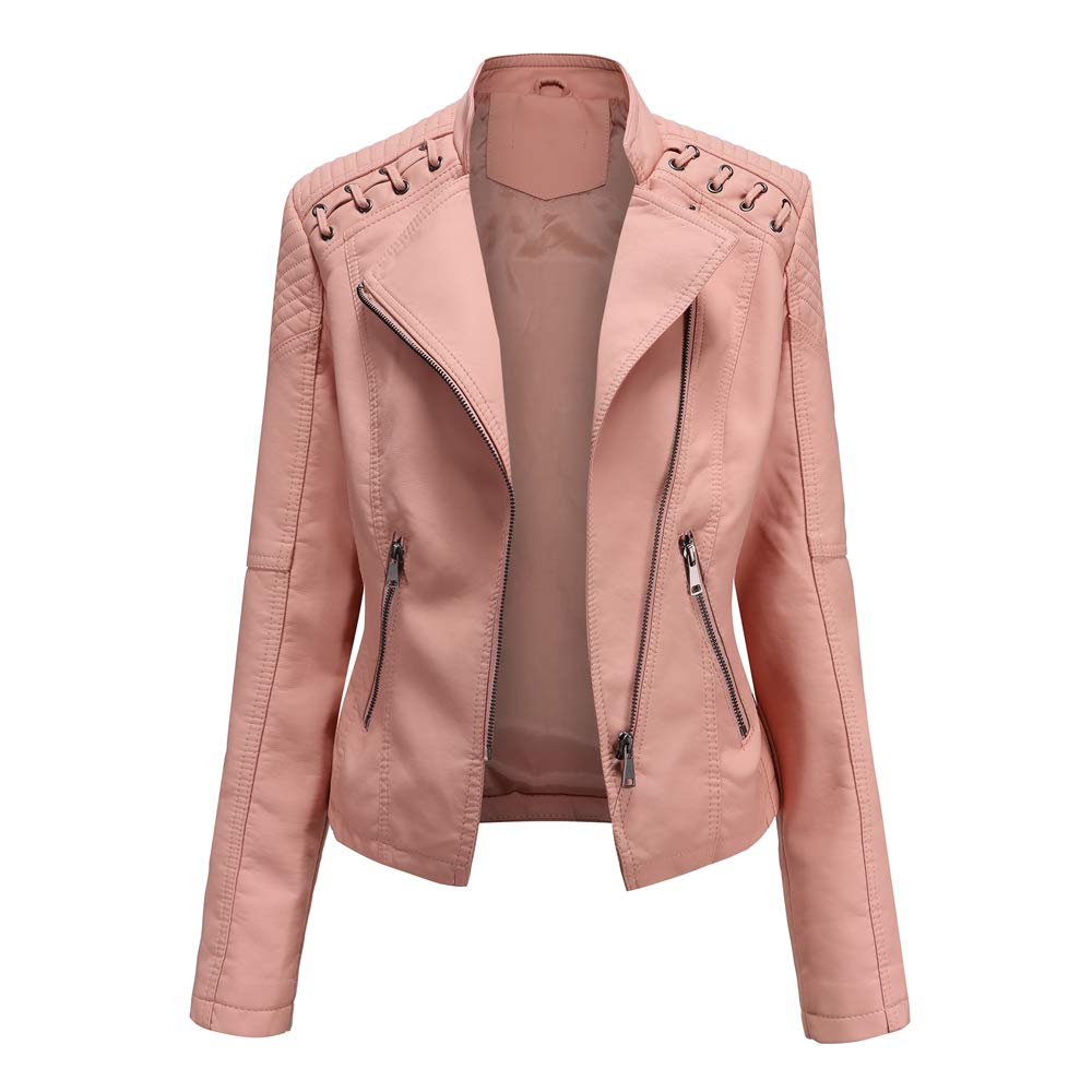 DEAR MODEL Womens Leather Jacket Long Sleeve Fitted Faux Leather Coats,Classic Locomotive Style Leather Jacket,Pink,M