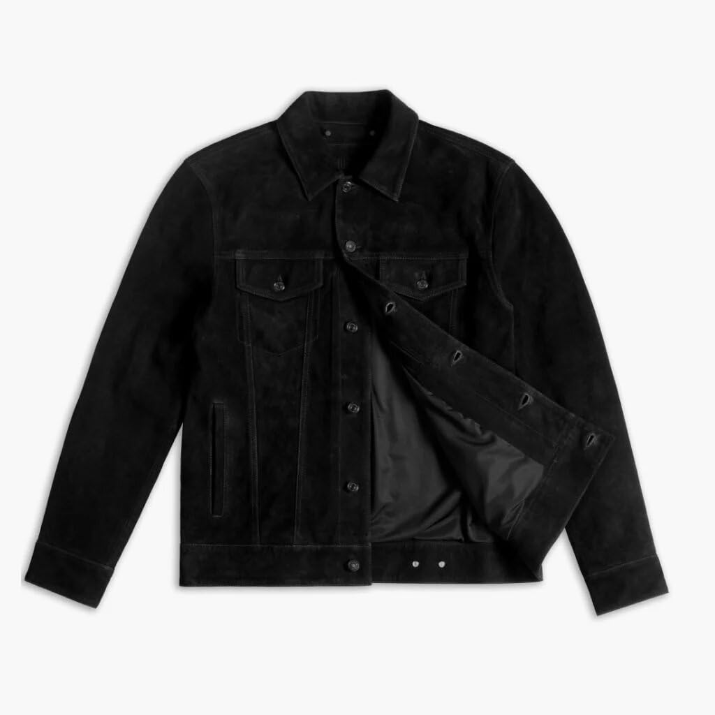 Isaac & David Chicago Vintage Trucker Suede Leather Jacket Men - Denim Biker Cafe Racer Causal Jacket Western Cowboy (US, Alpha, XX-Large, Regular, Regular, Black)