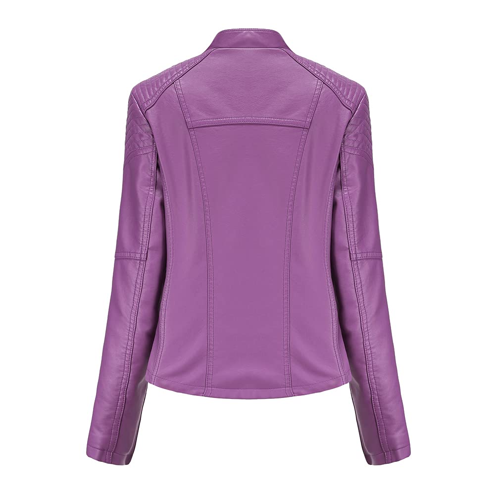 DEAR MODEL Womens Leather Jacket Long Sleeve Fitted Faux Leather Coats,Classic Locomotive Style Leather Jacket,Purple,L
