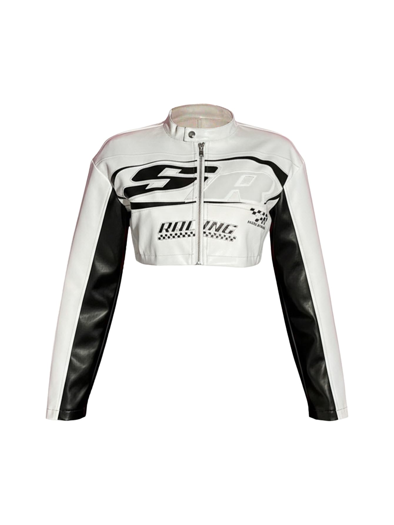 GORGLITTER Women's PU Leather Cropped Jacket F1 Racer Varsity Jacket Zip Up Color Block Graphic Motorcycle Biker Coats White Large