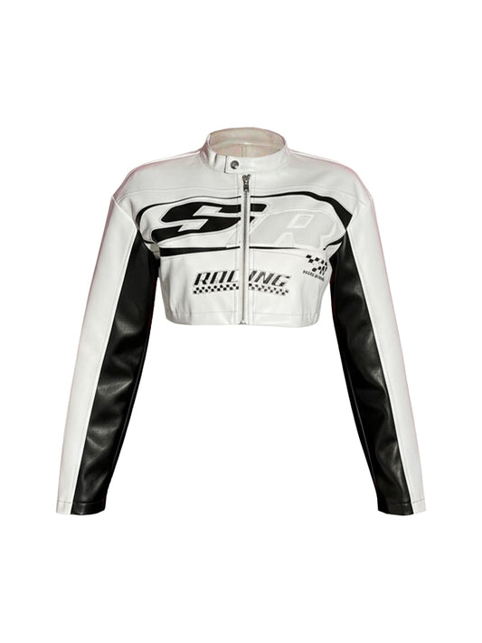 GORGLITTER Women's PU Leather Cropped Jacket F1 Racer Varsity Jacket Zip Up Color Block Graphic Motorcycle Biker Coats White Large