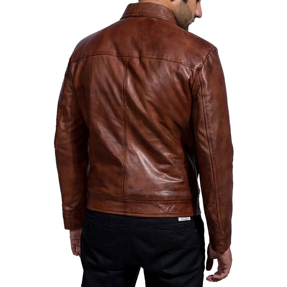 Mens Leather Jacket - Real Lambskin Classic Vintage Style Leather Jackets For Men Brown Leather Jacket for Mens (US, Alpha, X-Large, Regular, Regular, Brown)