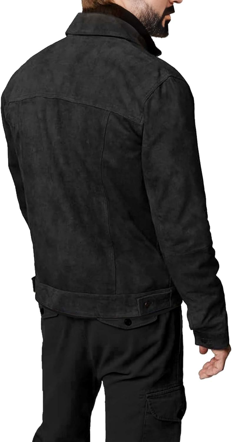 Men's Suede Leather Jacket Real Lambskin Suede Casual Leather Jackets For Men Suede Trucker Coat for Mens (US, Alpha, Large, Regular, Regular, Black)