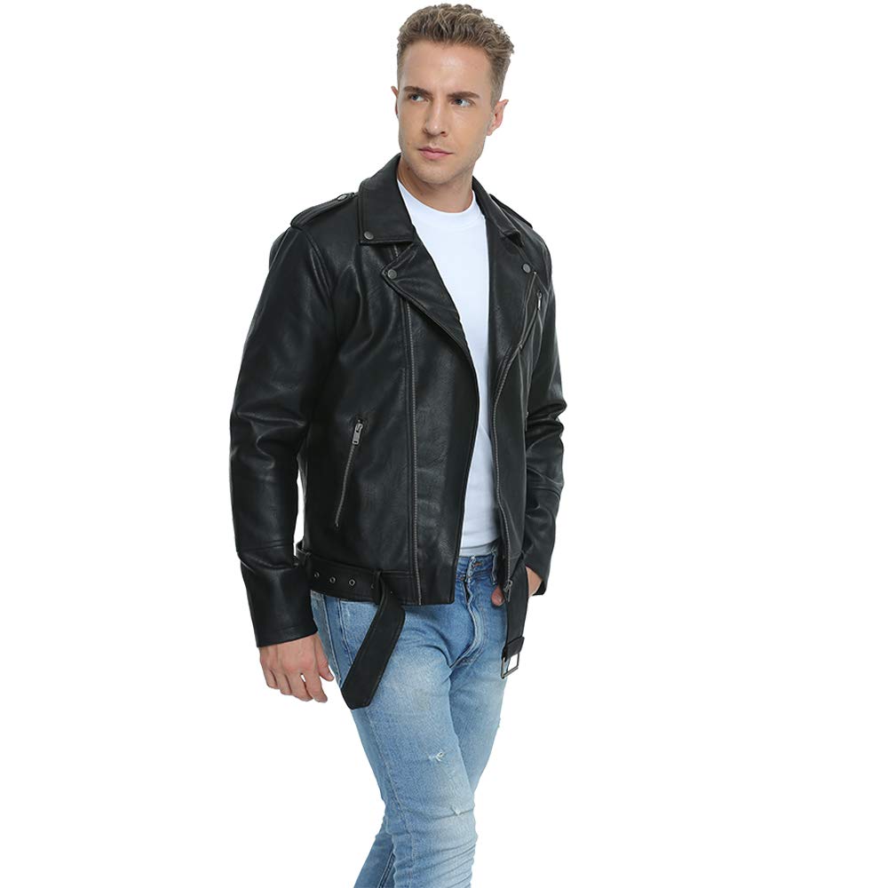 Fahsyee Leather Jackets for Men, Faux Bomber Jacket Mens Motorcycle Lapel Asymmetric Zip-Up Belt Slim Fit Biker Coat Black L