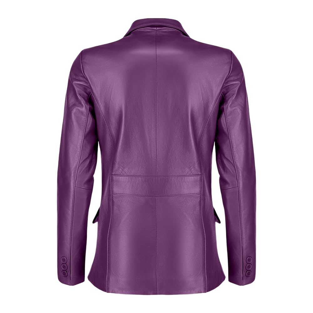 Jild Classic 2-Button Lambskin Leather Blazer Women - Casual Coat Long Sleeves Suit Style Leather Jacket Women (LC-Purple-L)
