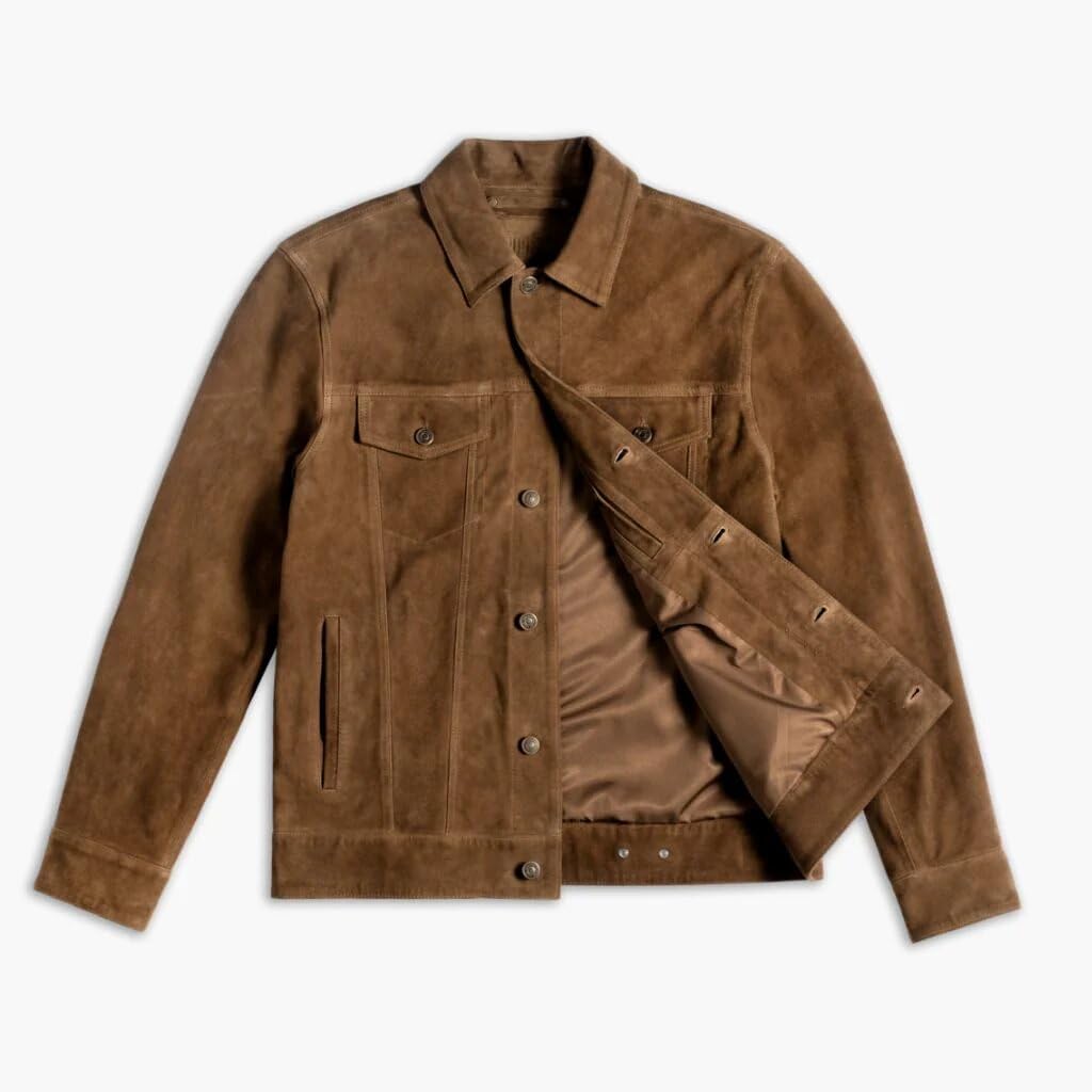 Isaac & David Chicago Vintage Trucker Suede Leather Jacket Men - Denim Biker Cafe Racer Causal Jacket Western Cowboy (US, Alpha, 3X-Large, Regular, Regular, Dusty)