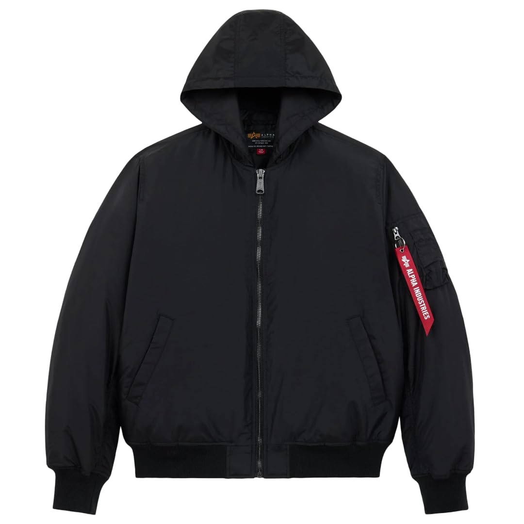 Alpha Industries MA-1 Hooded Oxford Flight Jacket for Men – Bomber Lightweight Nylon Shell – Utility Sleeve Pocket – Rib-Knit Trim – Fleece Hood – Zipper Closure – Military Jacket, Black XL