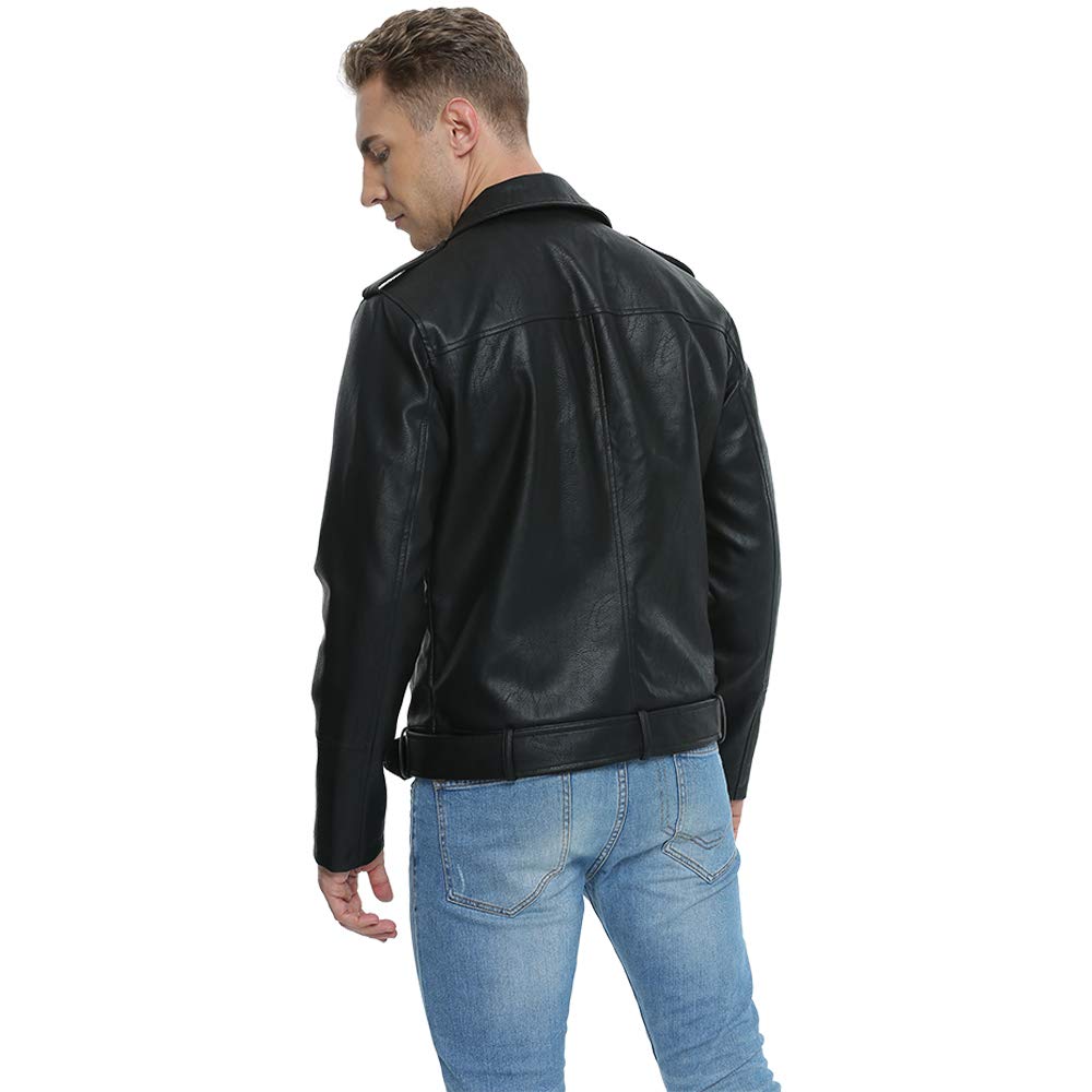 Fahsyee Leather Jackets for Men, Faux Bomber Jacket Mens Motorcycle Lapel Asymmetric Zip-Up Belt Slim Fit Biker Coat Black L