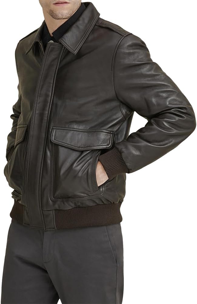 Men's Classic A2 Aviator WWII Flying Tiger Leather Jacket - Pilot Bomber Leather Jacket With Shirt Collar For Men (US, Alpha, Large, Regular, Regular, Dark Brown)