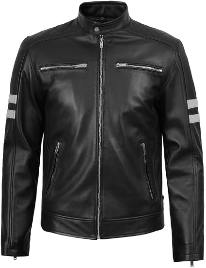 Blingsoul Genuine Leather Biker Jacket Men | [1130776] Gilbert Black & White Stripe, 2XL