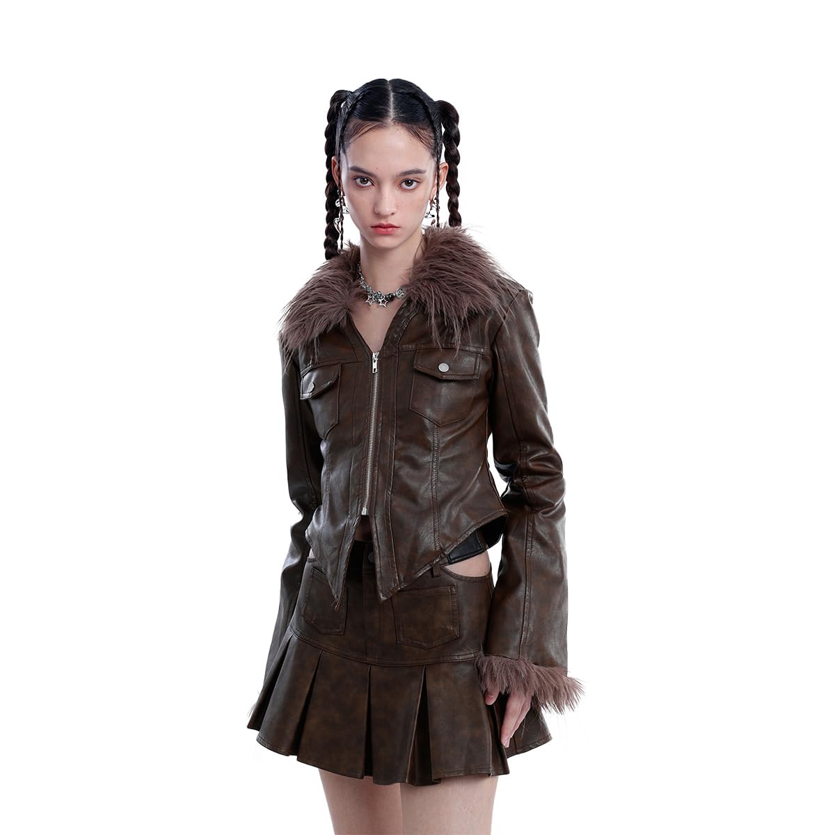 Aelfric Eden Womens Leather Jacket Zipper Fashion Vintage Furry Paneled Faux Leather Coat