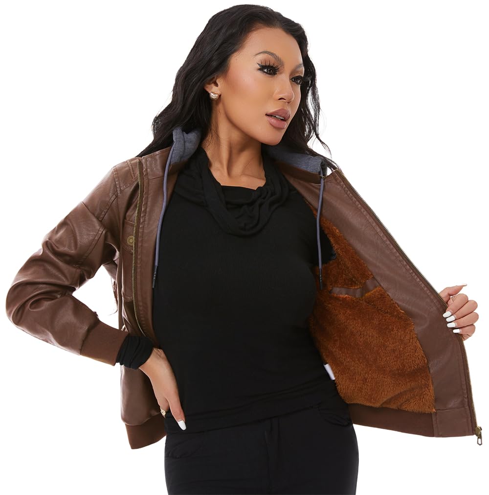 KVE Women's Faux Leather Jacket Waterproof Motorcycle Bomber Jacket Vintage PU Moto Biker Coat Camel Large