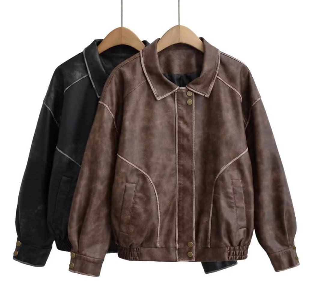 chouyatou Women's Fall Distressed Faux Leather Bomber Jacket Motorcycle Oversized Leather Jacket (Small, Brown)