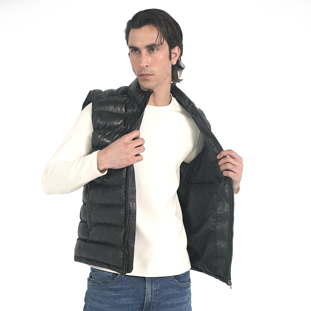 STREGA Men's Lambskin Leather Quilted Puffer Vest – Real Leather Sleeveless Jacket Men | Genuine Leather Down Waistcoat in Black – Medium