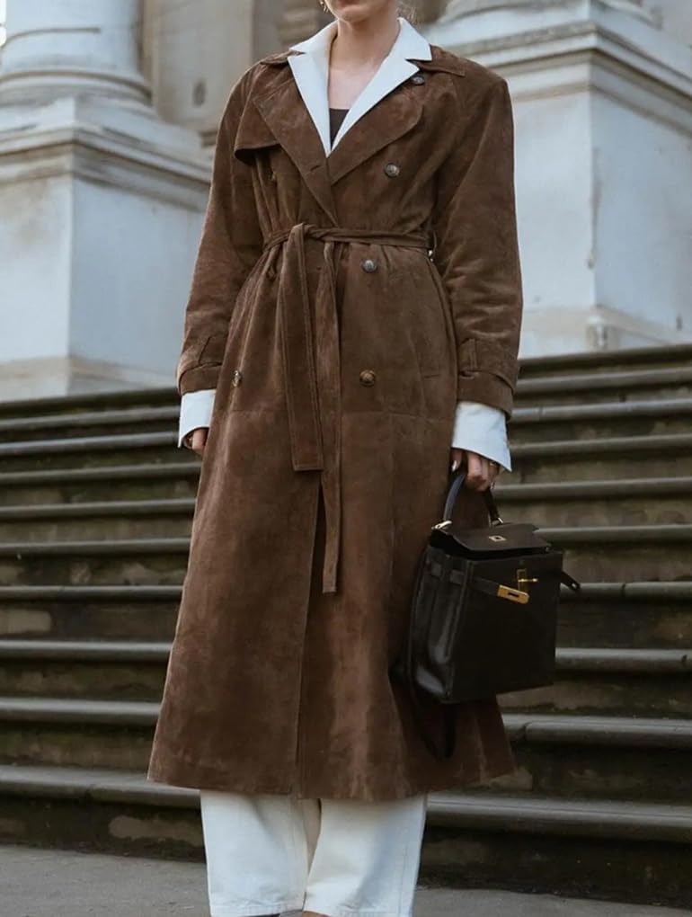uhbkezy Brown Faux Suede Trench Coat Women Long Suede Leather Jacket 2025 Fall Winter Coats Warm Double Breasted Blazer Pea Coat Overcoat with Belt (Brown,S)