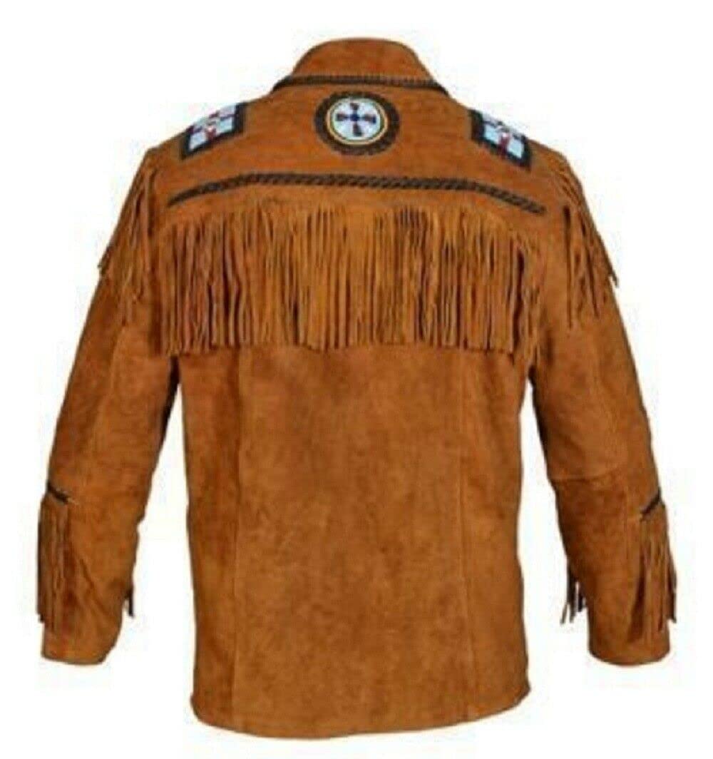 Rapid Mart Men's Western Cowboy Leather Jacket with Fringed Native American Suede Beaded Traditional Leather Coat (US, Alpha, X-Large, Regular, Regular, Tan Brown)