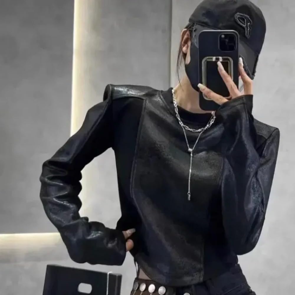 Y2K Retro Style Leather Jacket Long Sleeved T-Shirt Women's Fashion Patchwork Design Sense Short top (Black,Small)
