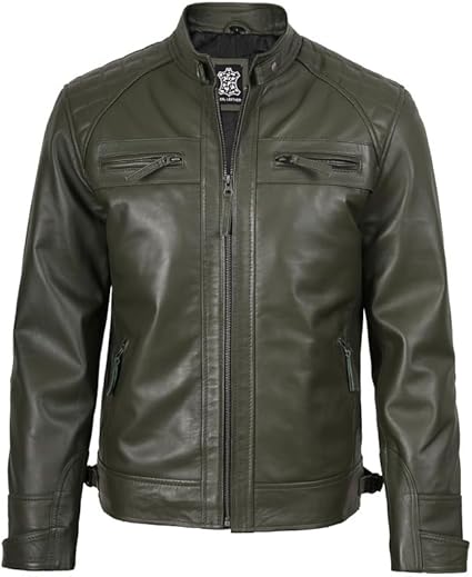 Blingsoul Quilted Cafe Racer Style Mens Leather Jackets | [1123973] D-1 Olive Green, M