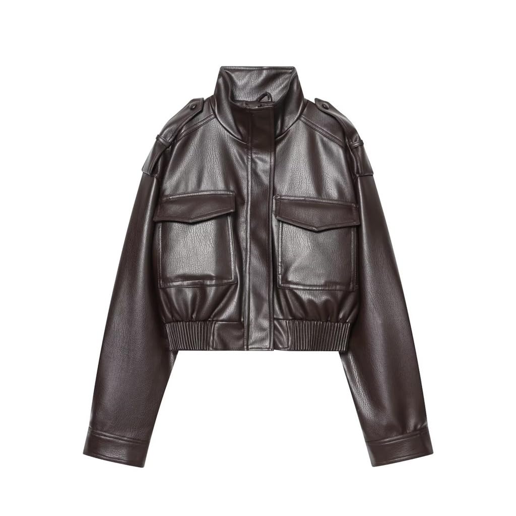 RISCUYY Brown Leather Jacket Women Stand Collar Zip Up Cropped Leather Jacket Women Trendy 2026
