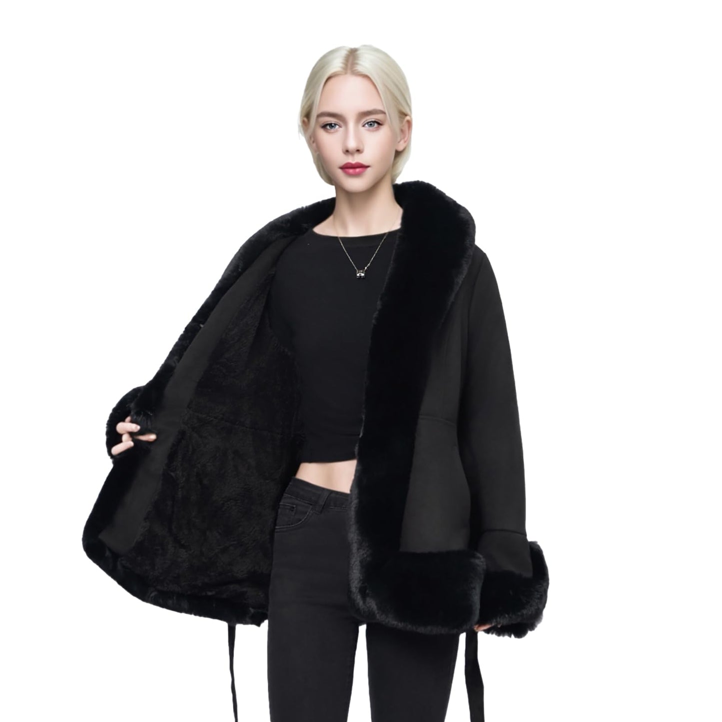 NXBC Winter Faux Fur Coats for Women, Faux Suede Leather Trench Coat Jacket with Belted Waist, Windproof Water Resistant Long Sleeve Parka Outerwear FC008-BLACK-XL
