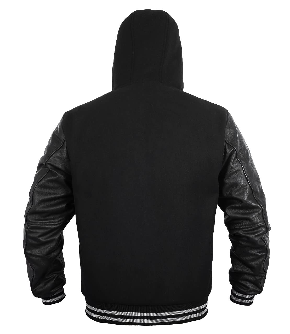 Deckra Men's Varsity Jacket Genuine Leather Sleeve and, All Black(Hoodie), Size Medium