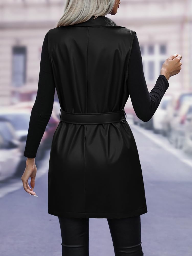 Solyinne Women's Faux Leather Long PU Vest Sleeveless Open Front PU Leather Vest Jacket with Belt