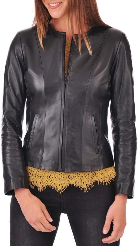 Desired Jackets Womens Leather Jacket - Real Lambskin Cafe Racer Style Leather Jackets For Women (US, Alpha, Small, Regular, Regular, Black)