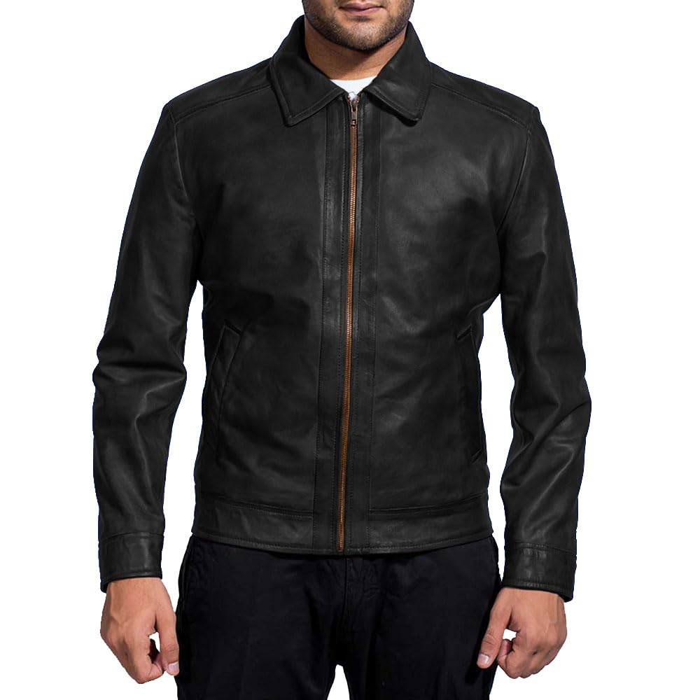 Mens Leather Jacket - Real Lambskin Classic Vintage Style Leather Jackets For Men Brown Leather Jacket for Mens (US, Alpha, Large, Regular, Regular, Black)