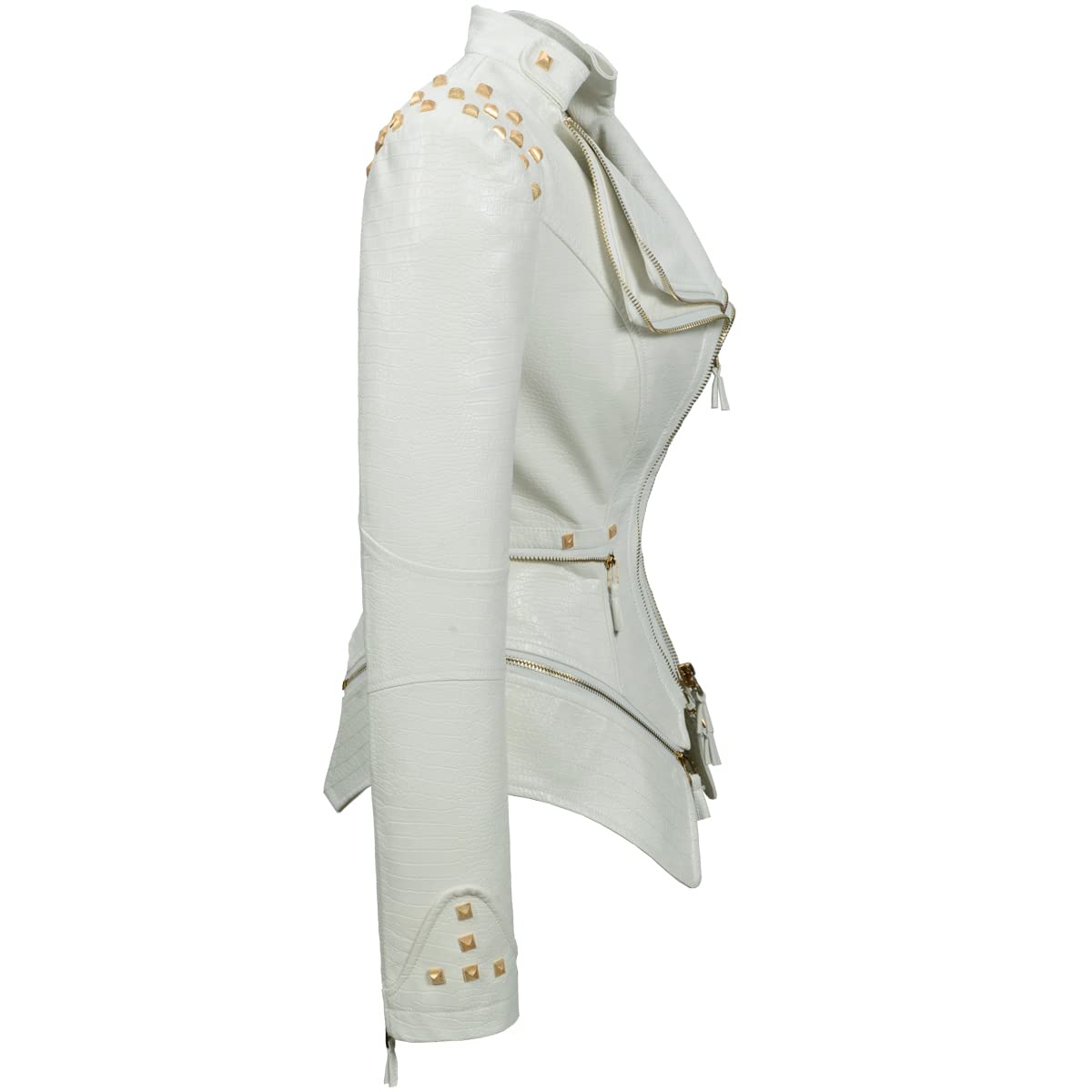 Fashion SX Women's Punk Studded Faux-alligator Print Pattern PU Leather Jackets Zipper Moto Biker Coat (White, S)