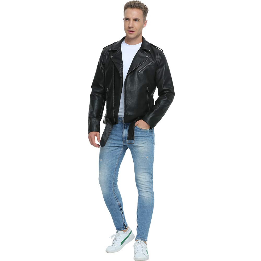 Fahsyee Leather Jackets for Men, Faux Bomber Jacket Mens Motorcycle Lapel Asymmetric Zip-Up Belt Slim Fit Biker Coat Black XXL