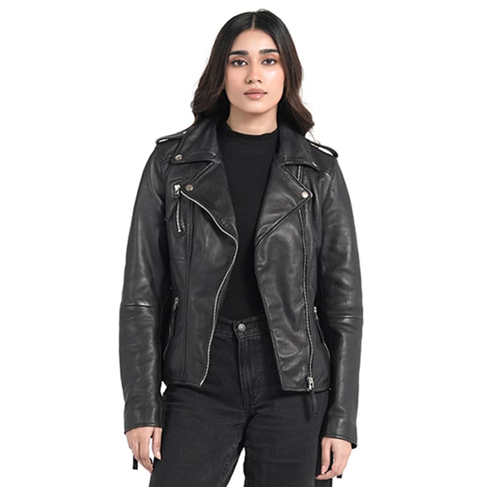 STREGA Women's Lambskin Leather Motorcycle Jacket - Real Leather Biker Jacket Women with Leather Pullers for Timeless Everyday Style | Black – Large