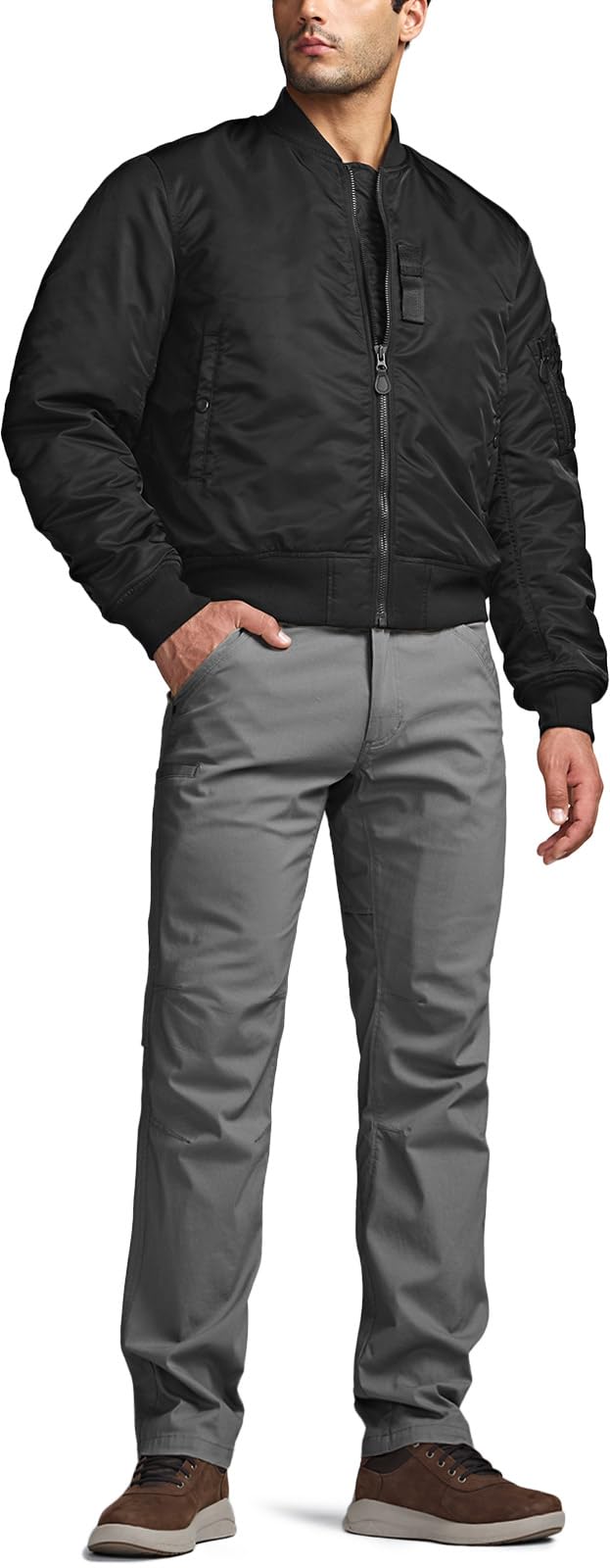 CQR Men's Casual Bomber Jacket, Outdoor Fall/Winter Zip-Up Windbreaker, Water Resistant Padded MA-1 Flight Jacket with Pocket, Watcher Black, Medium