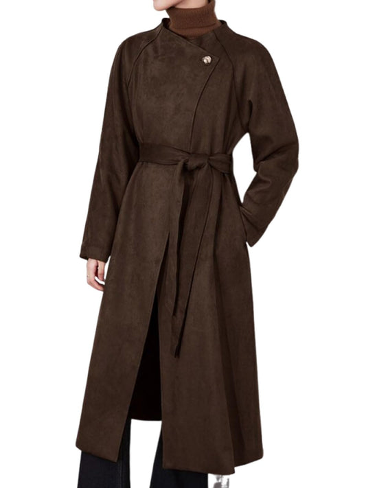 utcoco Womens Faux Suede Long Trench Coat Open Front Leather Trench Overcoat with Belt (Medium, Dark Brown)