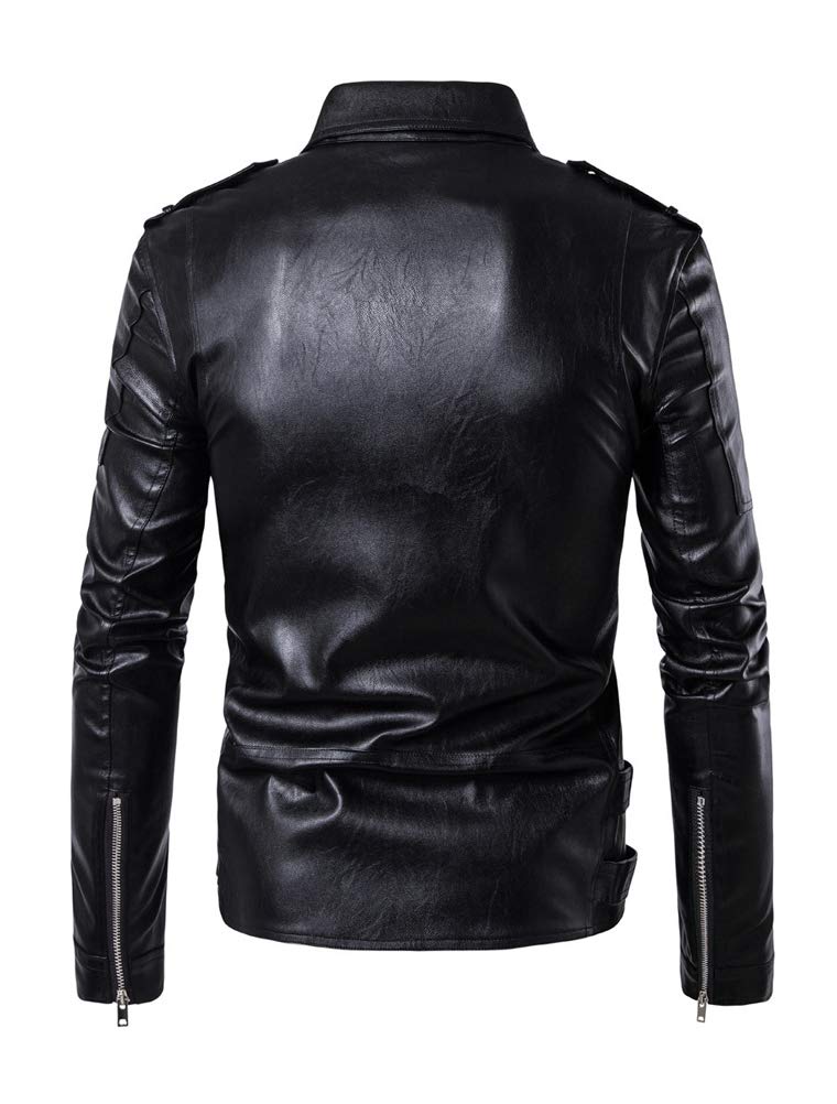 Lavnis Men's PU Leather Jacket Causal Belted Faux Leather Motorcycle Jacket Zipper Biker Coat Black M