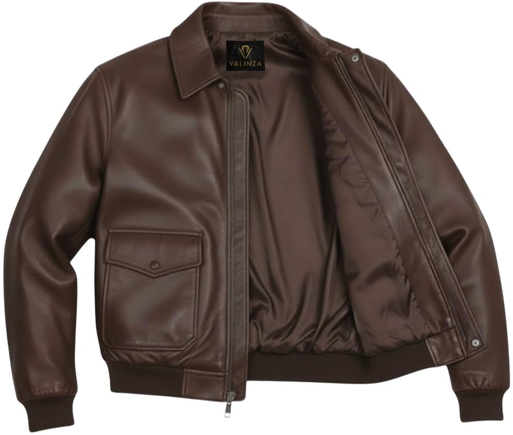 Men's A2 Aviator Bomber Leather Jacket - US Air Force A-2 Military Flight Pilot WWII Real Genuine Leather Jacket for men (US, Alpha, Large, Regular, Regular, Dark Brown)