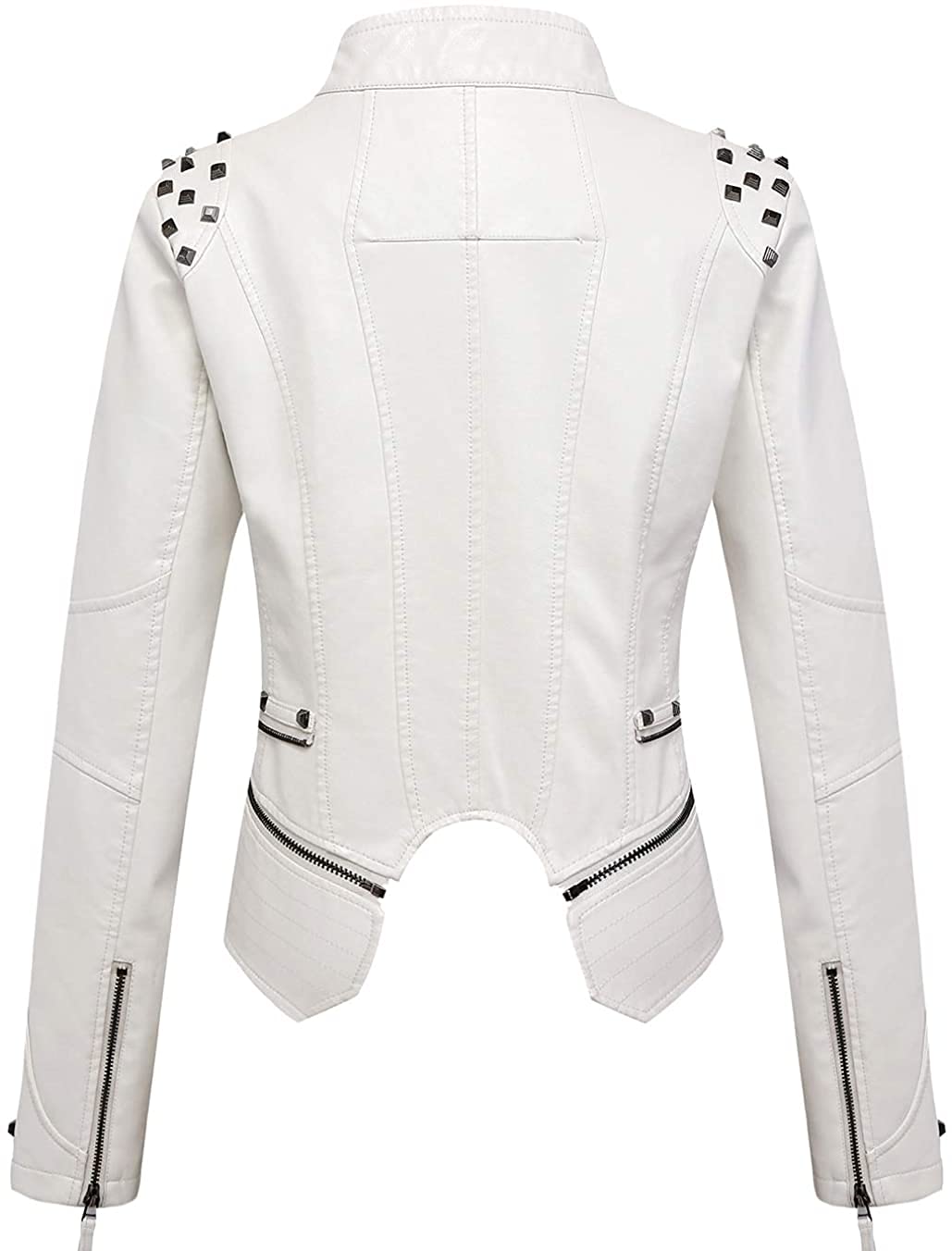 chouyatou Women's Fashion Studded Perfectly Shaping Faux Leather Biker Jacket (XX-Large, White)