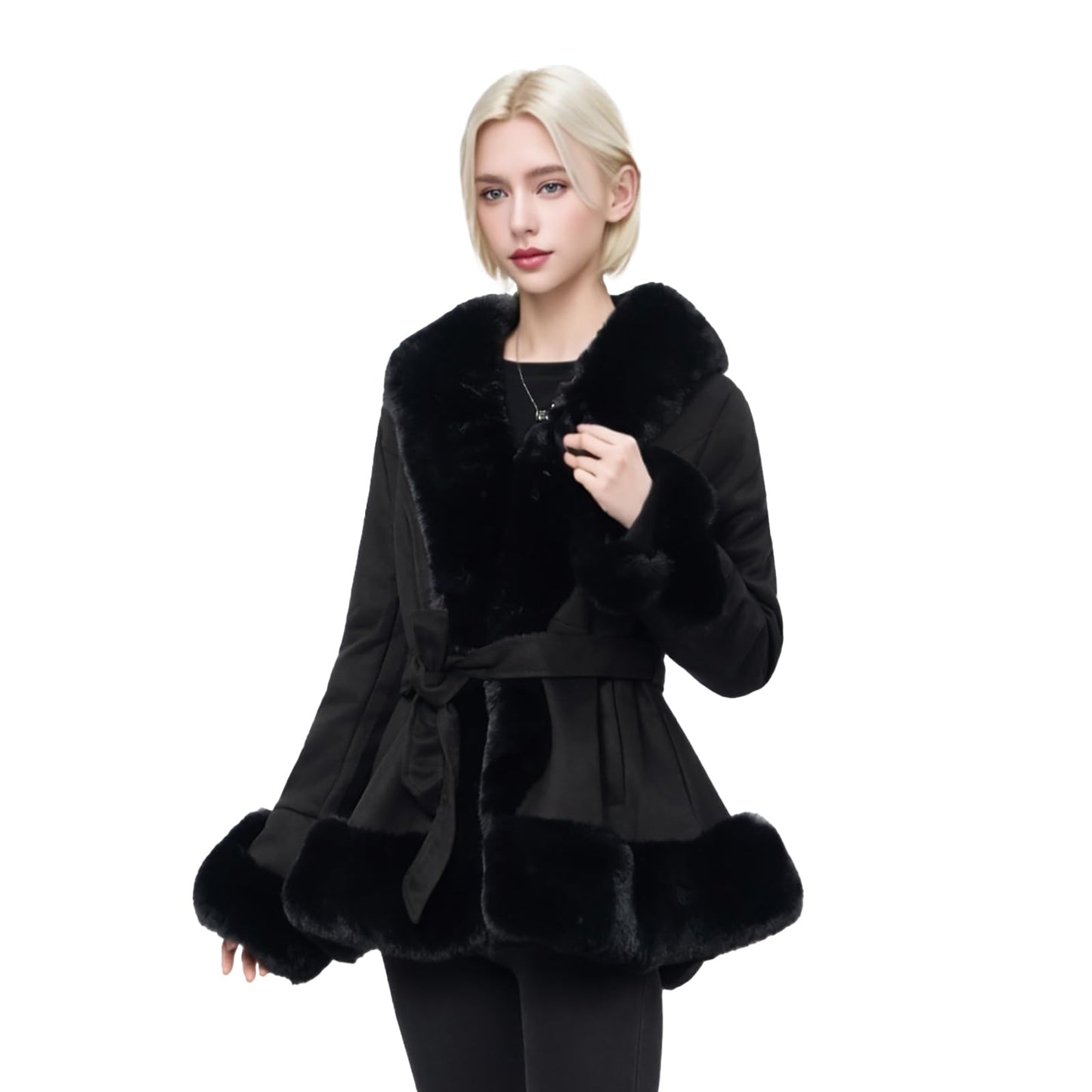 NXBC Winter Faux Fur Coats for Women, Faux Suede Leather Trench Coat Jacket with Belted Waist, Windproof Water Resistant Long Sleeve Parka Outerwear FC008-BLACK-XL