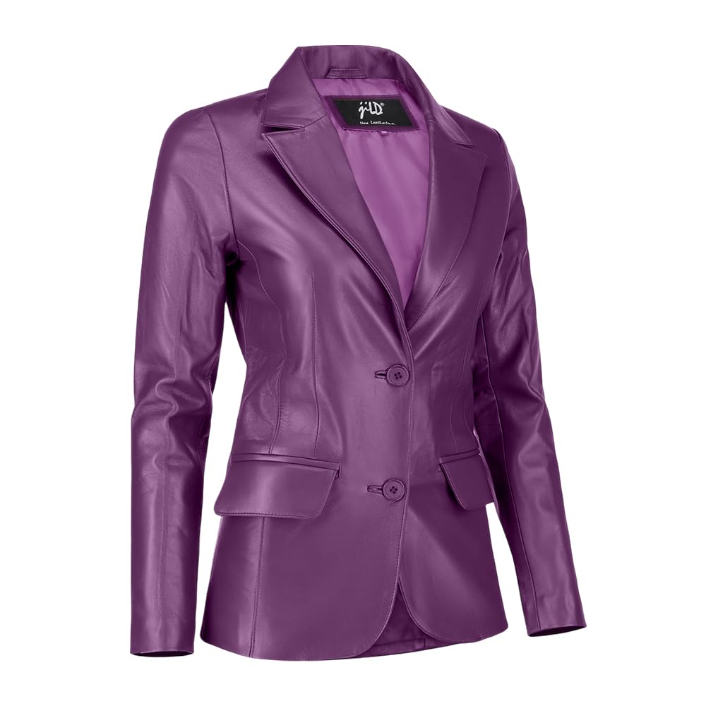 Jild Classic 2-Button Lambskin Leather Blazer Women - Casual Coat Long Sleeves Suit Style Leather Jacket Women (LC-Purple-L)