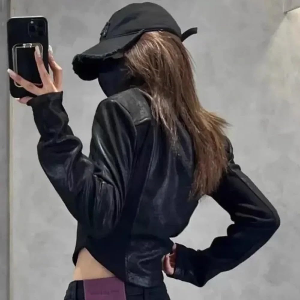 Y2K Retro Style Leather Jacket Long Sleeved T-Shirt Women's Fashion Patchwork Design Sense Short top (Black,Medium)