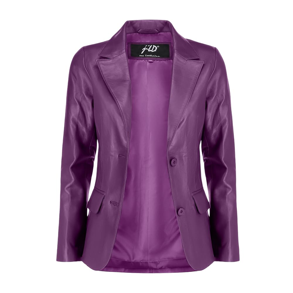 Jild Classic 2-Button Lambskin Leather Blazer Women - Casual Coat Long Sleeves Suit Style Leather Jacket Women (LC-Purple-L)