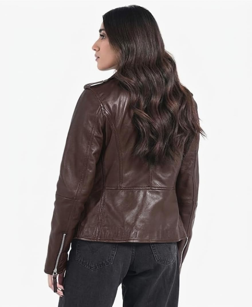 STREGA Women's Lambskin Leather Motorcycle Jacket - Real Leather Biker Jacket Women with Leather Pullers for Timeless Everyday Style | Brown – Large