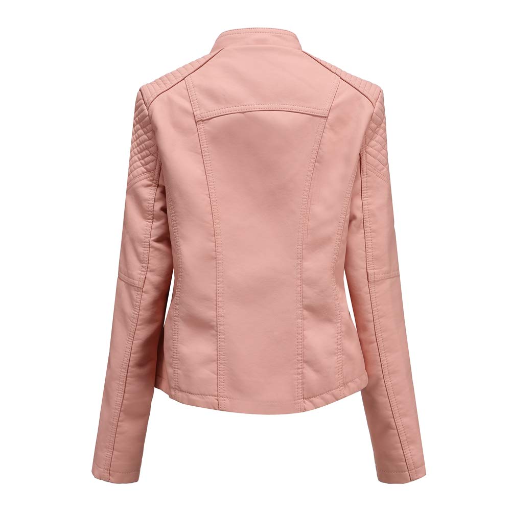 DEAR MODEL Womens Leather Jacket Long Sleeve Fitted Faux Leather Coats,Classic Locomotive Style Leather Jacket,Pink,M